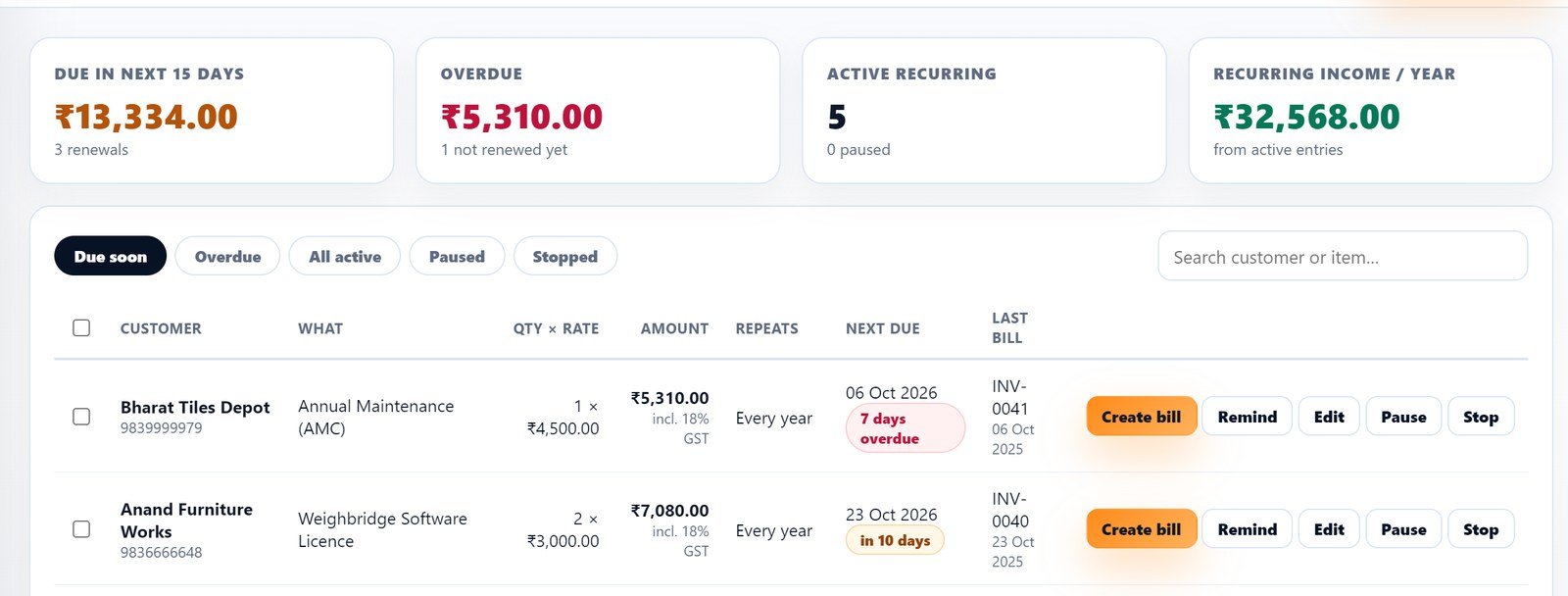 Recurring billing screen listing renewal bills that are due